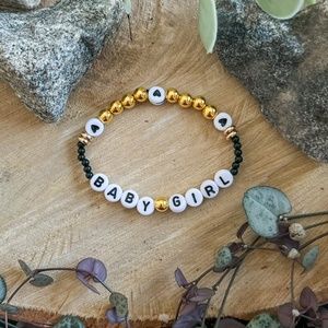 Baby Girl Beaded Bracelet | Gold & Black | Hearts | Elastic String |
